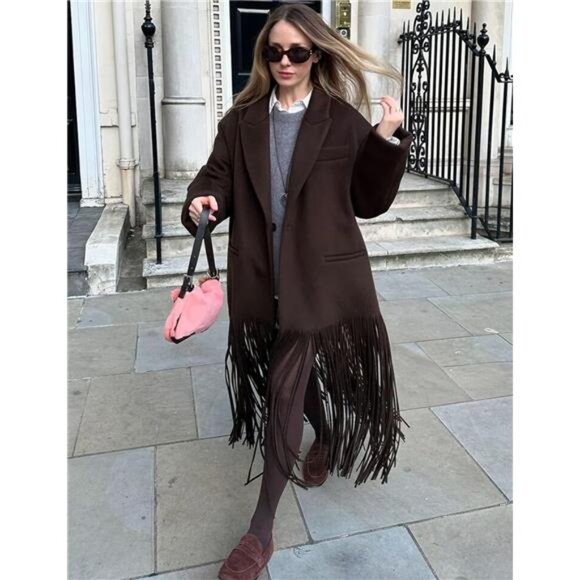 Women's Long Coat Notch Lapel Single-Breasted Jacket Brown - Picture 4 of 7